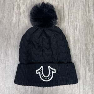 True Religion Women's Black Pom Top Knit Beanie Bejeweled Rhinestone Logo